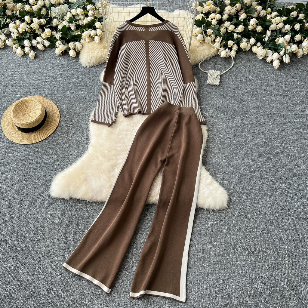 Autumn Winter Women Casual Striped Knitted Sweater Trouser Two Piece Set V-neck Pullover Tops and Wide Leg Pant Tracksuit