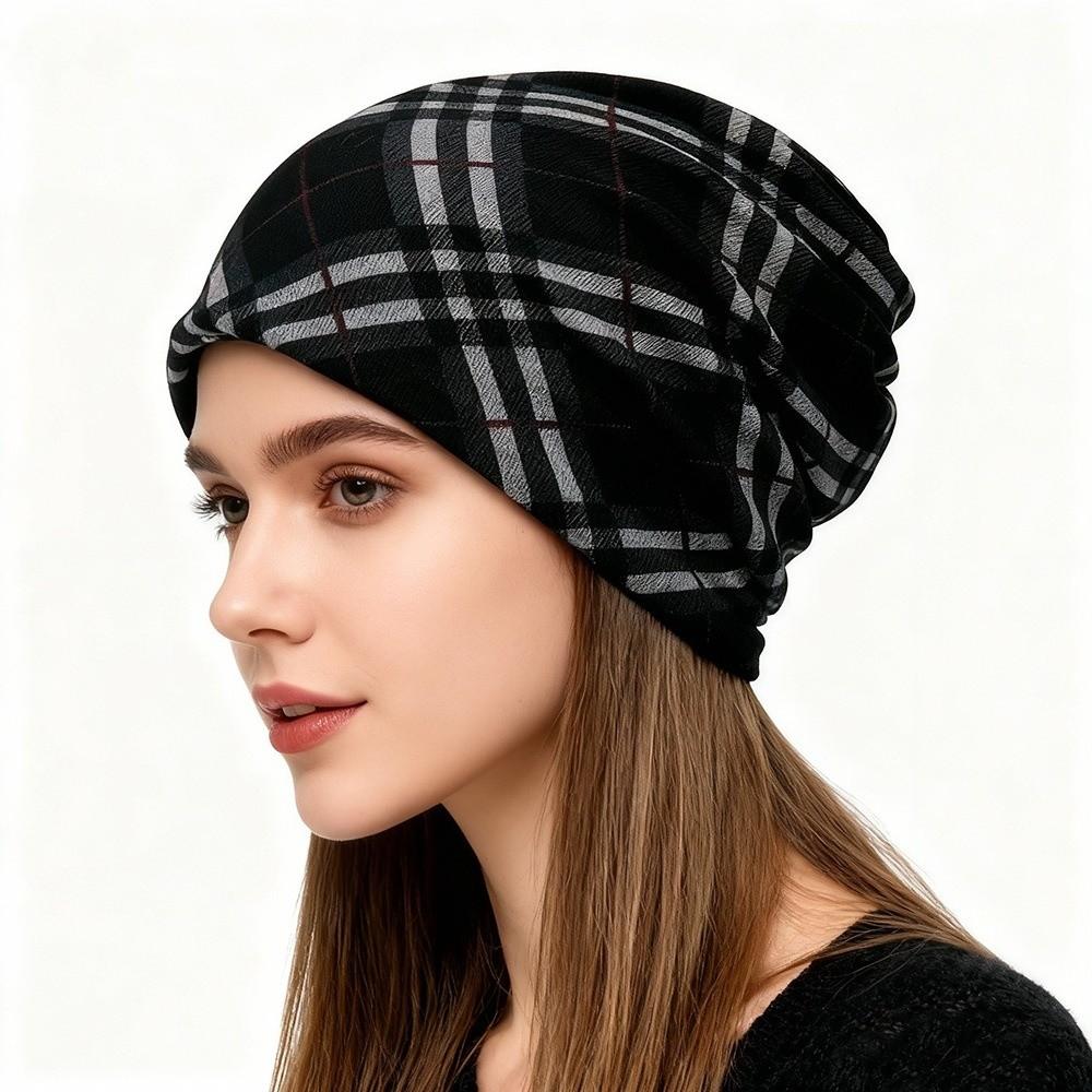 Contrasting Colors Turban Hats Plaid Print Casual Hedging Cap Gifts Pullover Hat  Autumn and Winter