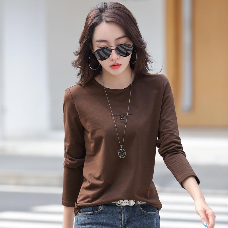 Damen Besticktes Rundhals Langarm T-Shirt, Herbst/Winter, Koreanischer Stil, Übergröße, 95% Baumwoll-Basisschicht