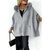 Autumn and winter European and American fashion loose pocket zipper big fur collar knitted hooded women's jacket