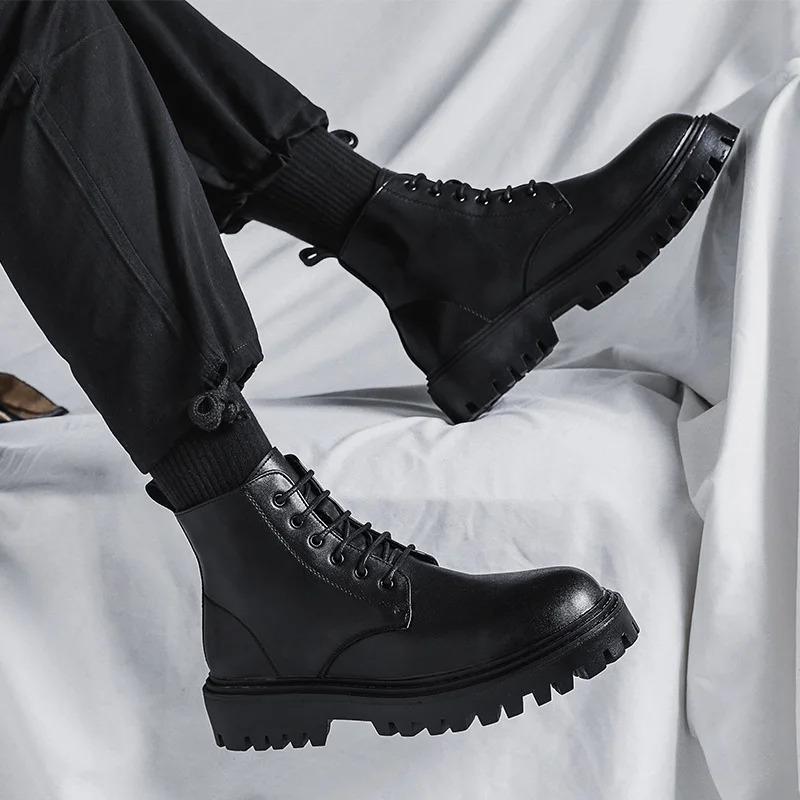 Herren Hohe Knöchelboots Designer Bequem Dicke Sohle Freizeitschuhe Mann Lederstiefel Motorradstiefel Botas