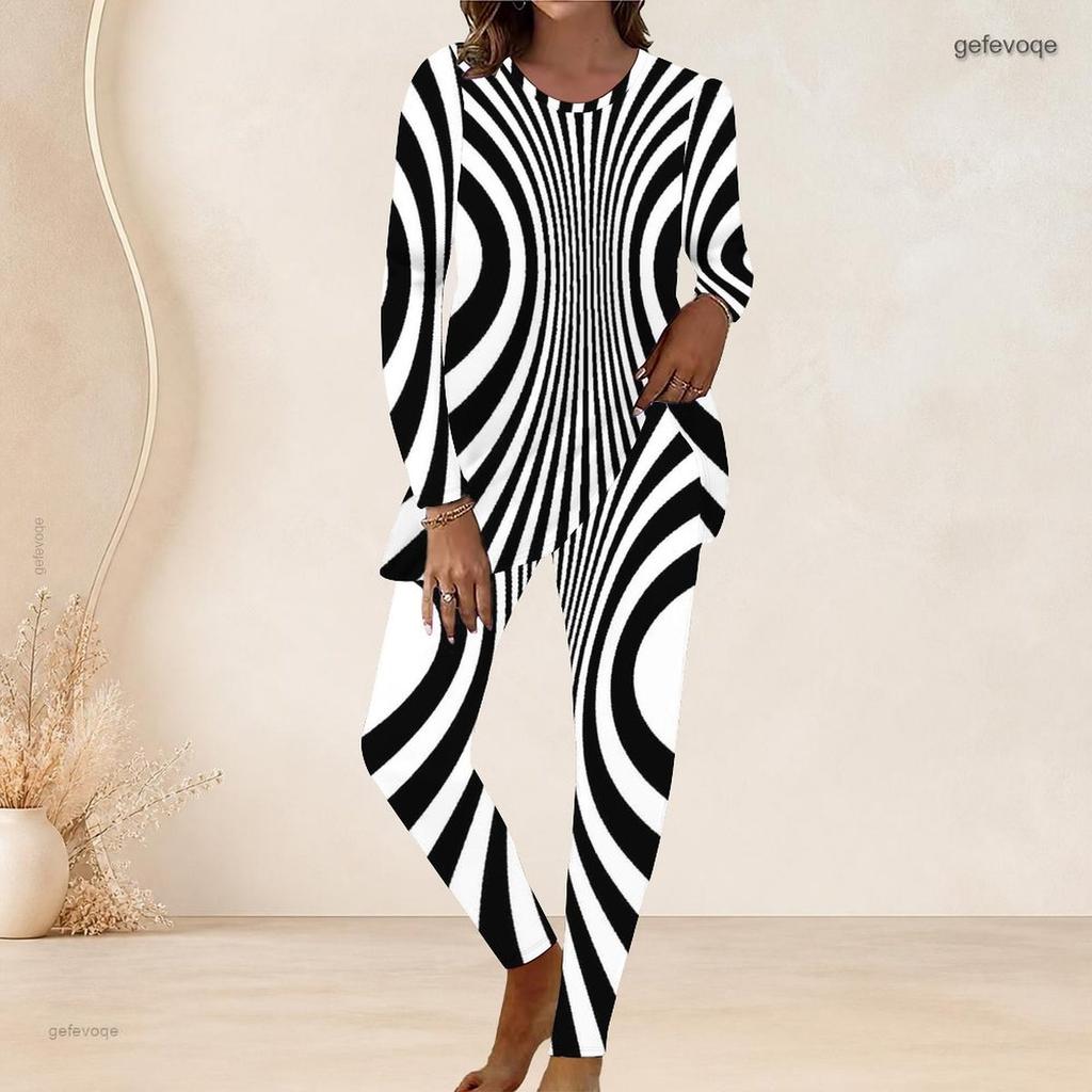 Women Plus Size Two Piece Set Round Neck Long Sleeve Black White Geometric Printed Longline Top Fitted Pants