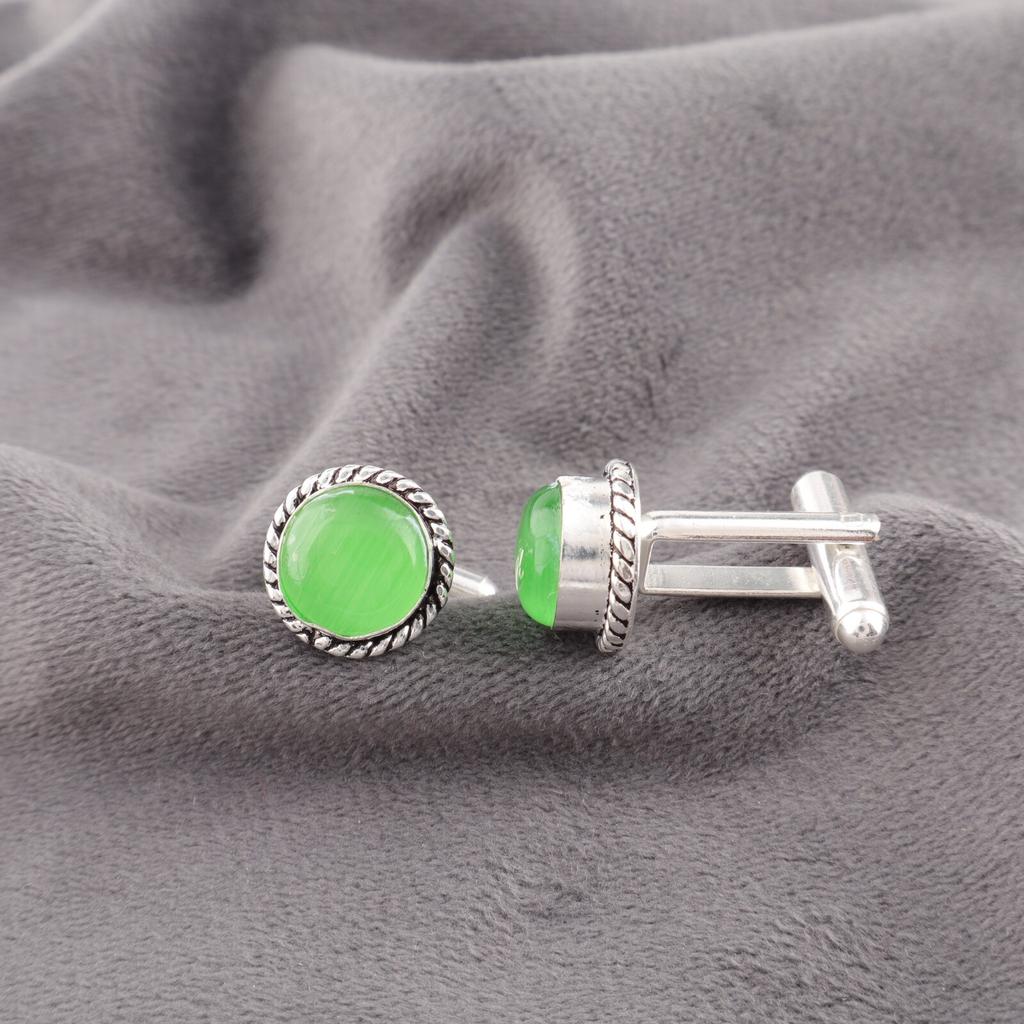 Green Cat's Eye Gemstone 925 Sterling Silver Jewelry Handcrafted Cufflinks 0.51" CL-3-22