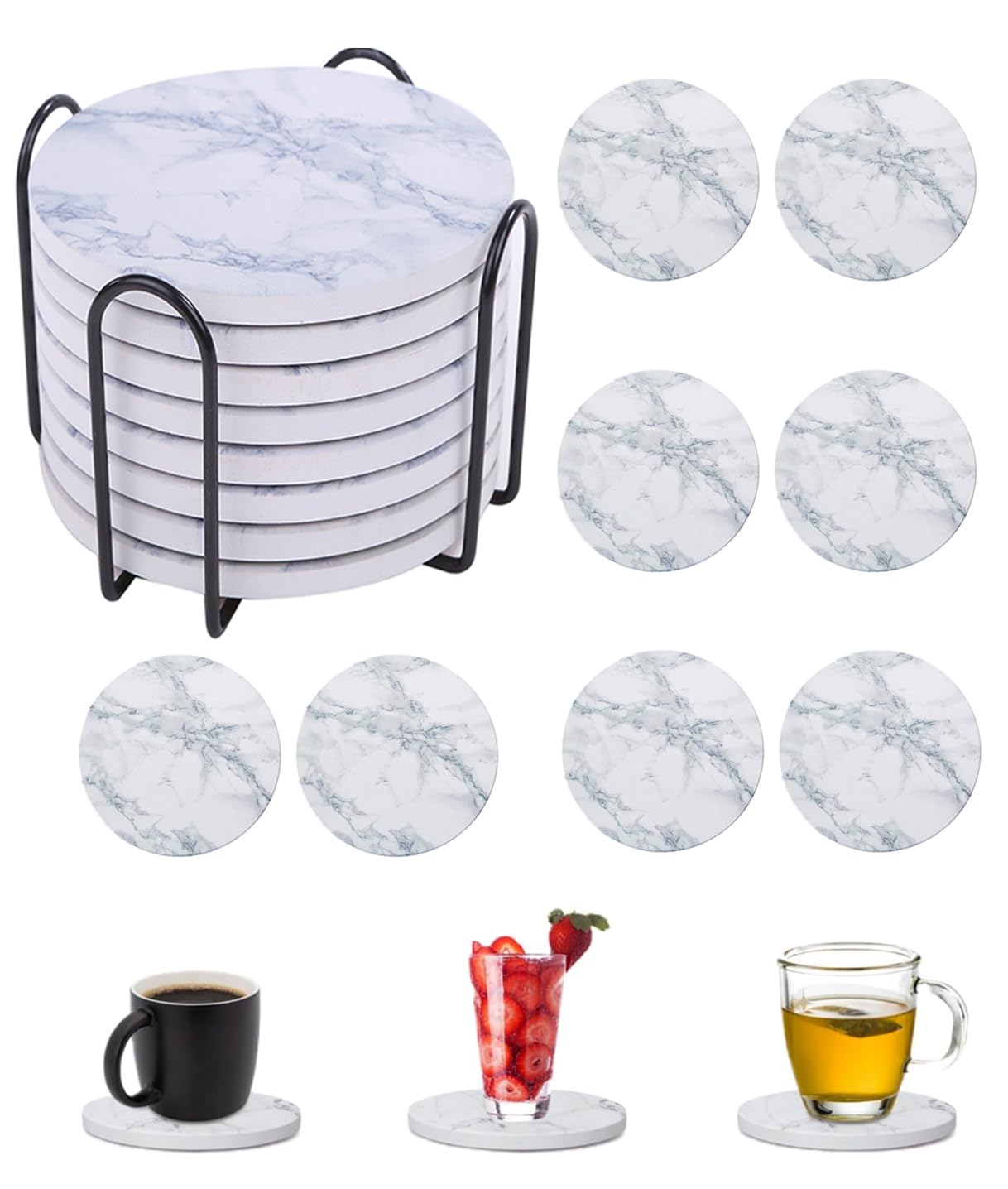 

Lartisan Ceramic Coaster Set with Marble and Better Than Diatomaceous Tea Cup Protective Cork and Holder 8-Piece Pattern, Stylish, Absorbent, белый