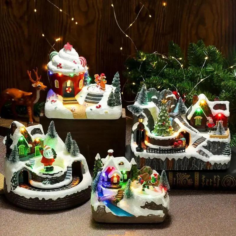 666  Christmas House Village Rotating Scene Ornament LED Lighting Santa Claus Snow Figurine Electric Music Box Xmas Decor
