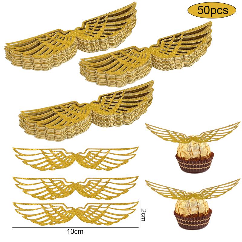 50Pcs Wings Chocolate Cake Party Cake Decoration Wizard Topper Gold Wing Cupcake Toppers Snitch Wedding Birthday Decor