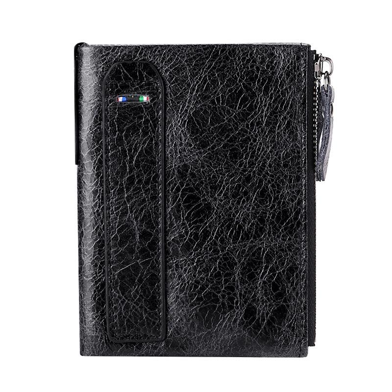 Vintage Genuine Leather RFID Wallet Men Slim Bifold Double Zipper Purse with Coin Pocket