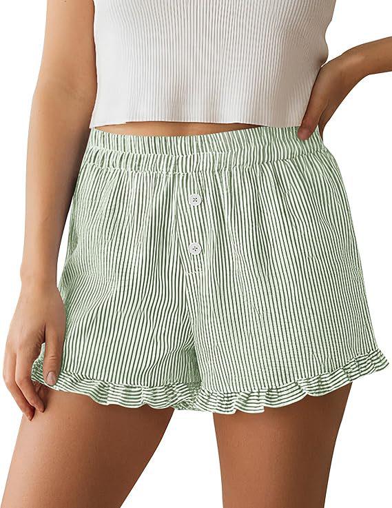 Women's Y2K Ruffle Striped Casual Shorts with Pockets - Spring/Summer Pajama Beachwear