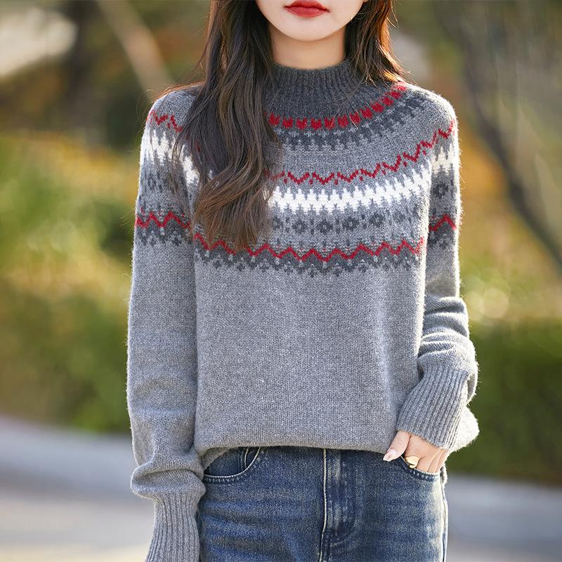 Red Retro Jacquard Wool Sweater For Women Looking Thin And Lazy Style Turtleneck Thickened Sweater Loose Knit Bottoming Shirt New
