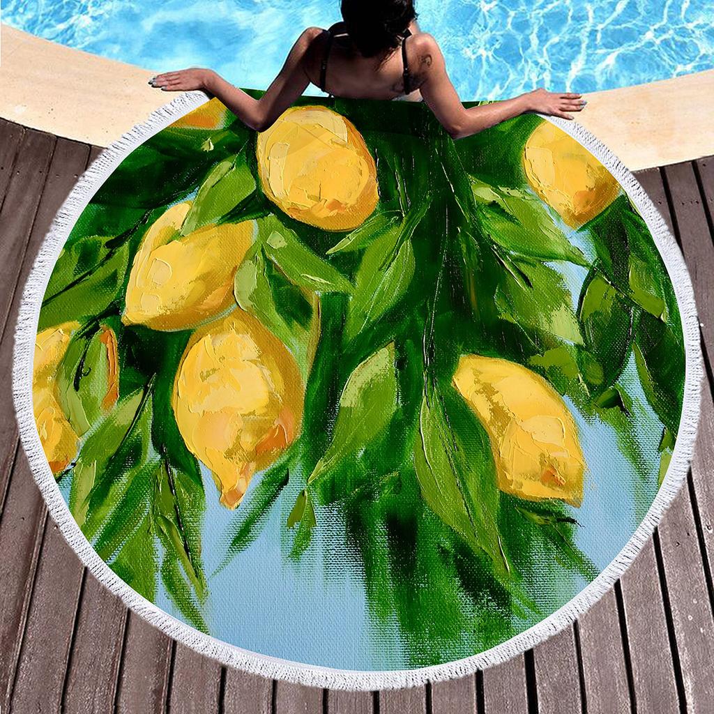 Fresh Fruit Lemon Round Beach Towel Microfiber Circle Towel Picnic Mat Absorbent Meditation Rug Yoga Mat Throw Fringe Tapestry