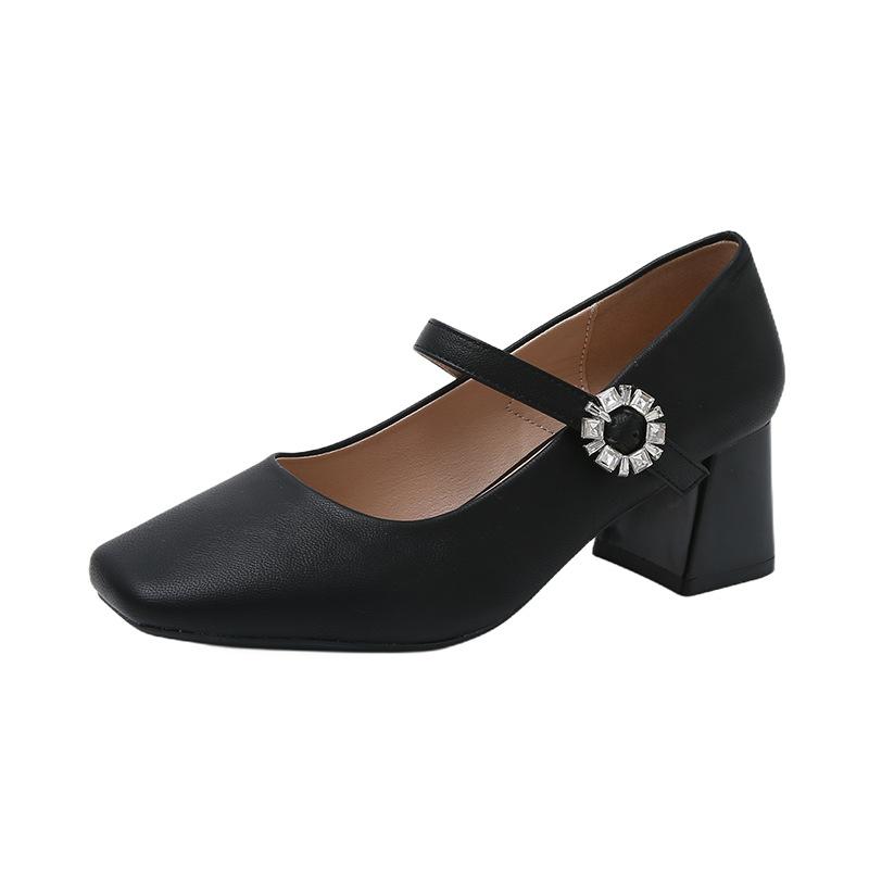 Square head shallow mouth Mary Jane single shoes women's 2025 spring new French temperament shallow mouth high heel fashion women's shoes