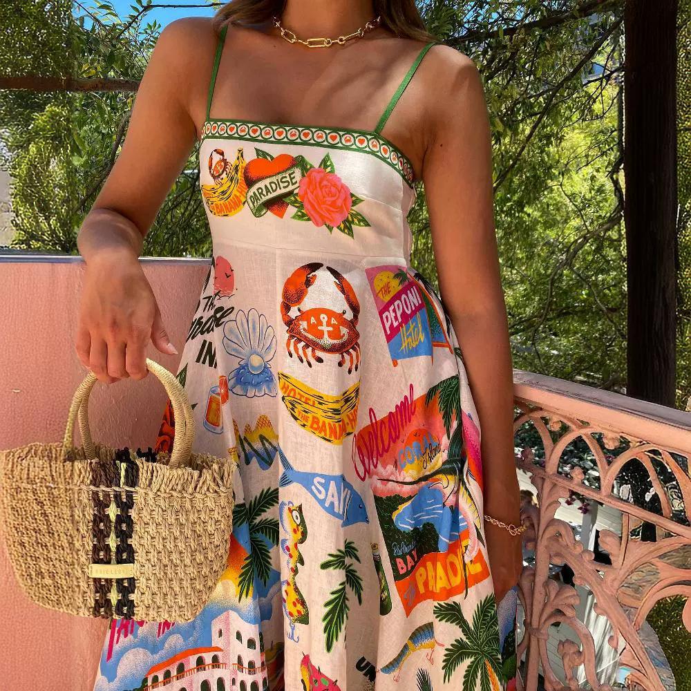 Vestidos Halter de Verão Femininos com Estampa Grafite e Sem Mangas e Bainha Grande