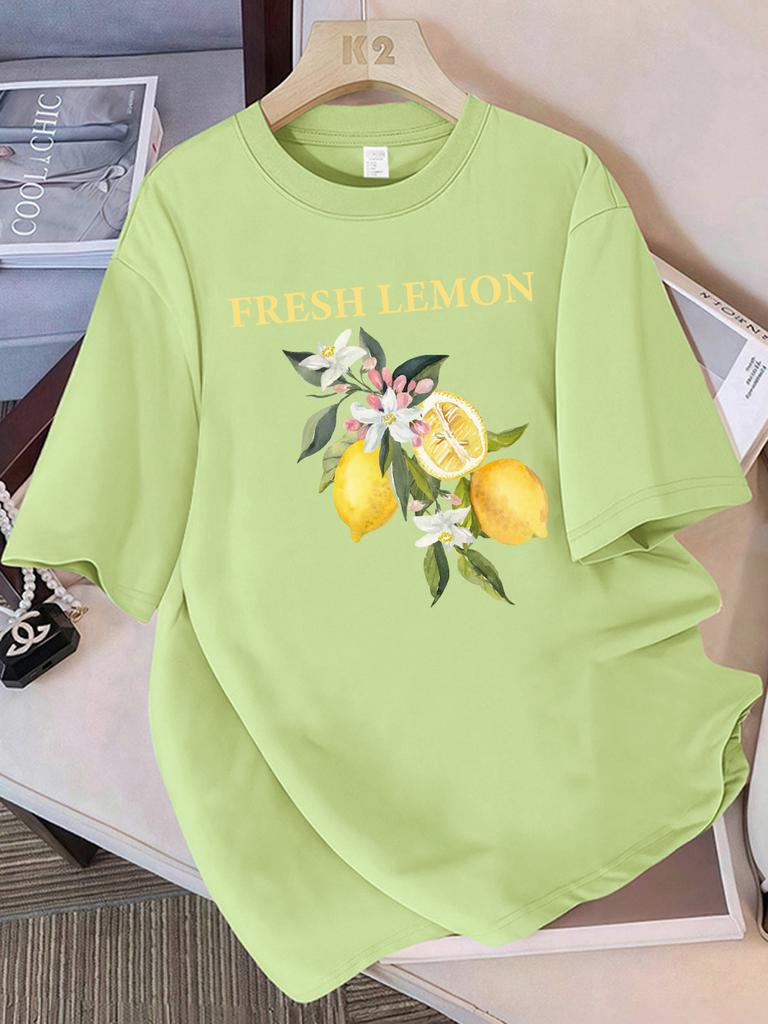 100 Cotton Summer TShirts Womens Fresh Lemon Flowers Printing Tops Comfortable Soft ONeck Short Sleeve Casual Womans Clothes
