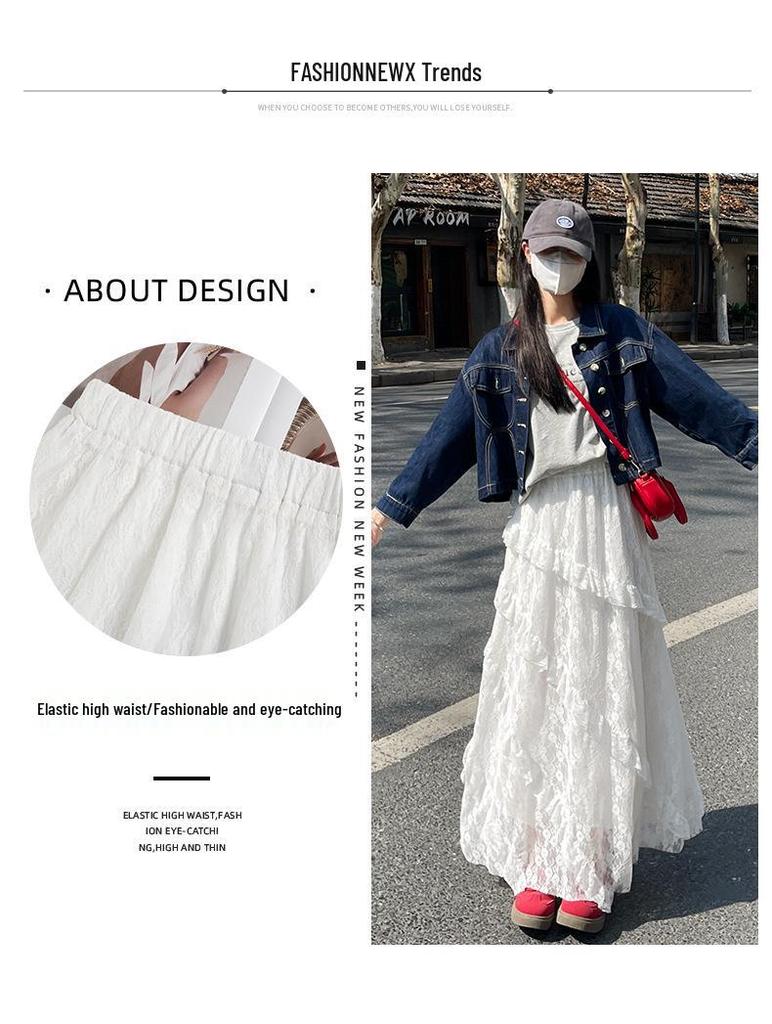 Women's White Lace A-Line Irregular Long Skirt, Spring/Autumn 2026 Collection