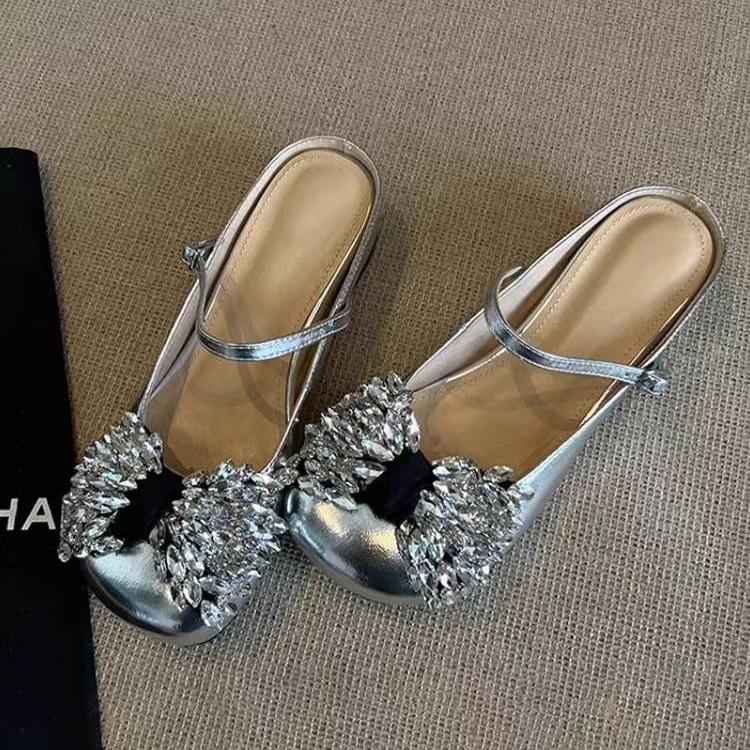 

Fashion Crystal Bow Slippers Marie Janes Shoes Woman Mules Square Toe Women Flat Sandals 2025 Trend Comfort Loafers Dress Summer Slides 35 серебряный