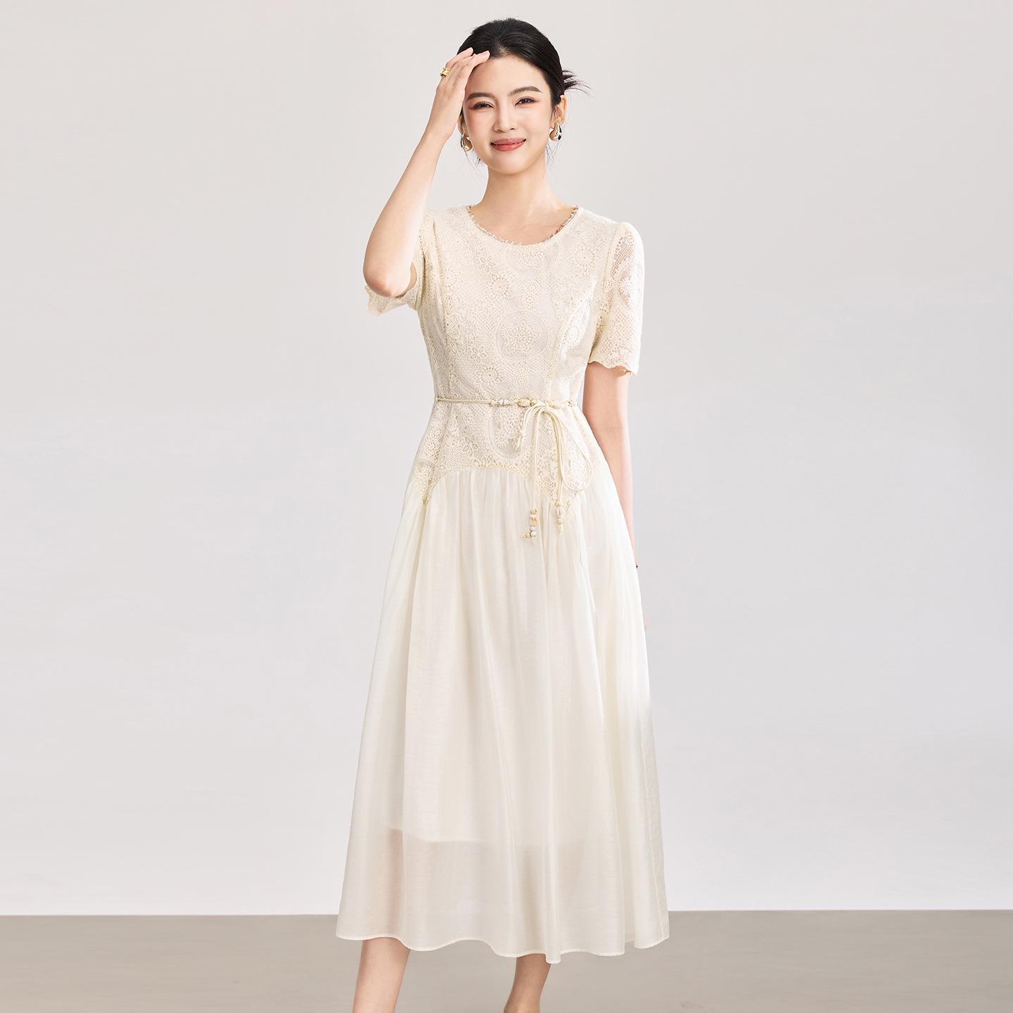 Nanyou Romantic French Sequin Embroidery Waist-Cinching Short-Sleeve Dress - New Summer Arrival S абрикосовый