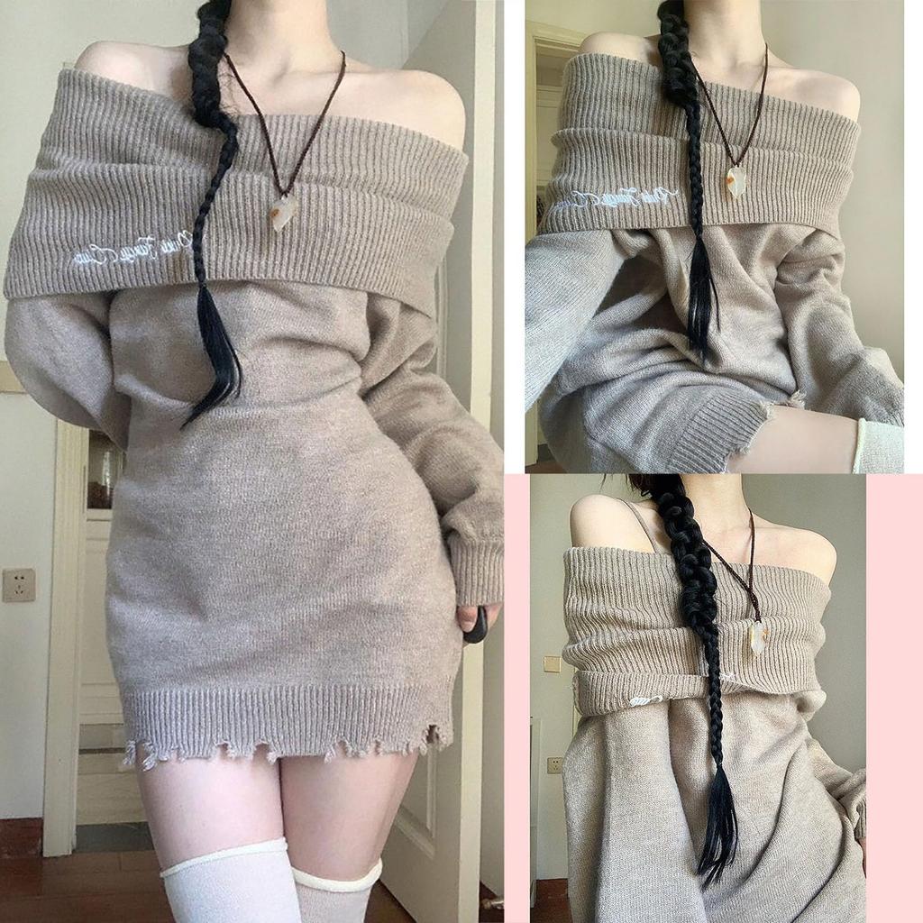 LAVASEON Strikket Koreansk Lang Båt Perfekt for eller Enhver Anledning Off-the-Shoulder Kjole, Tettsittende, Kappe-stil, Sexy, Dame, Søt, Stil, Off-the-Shoulder,