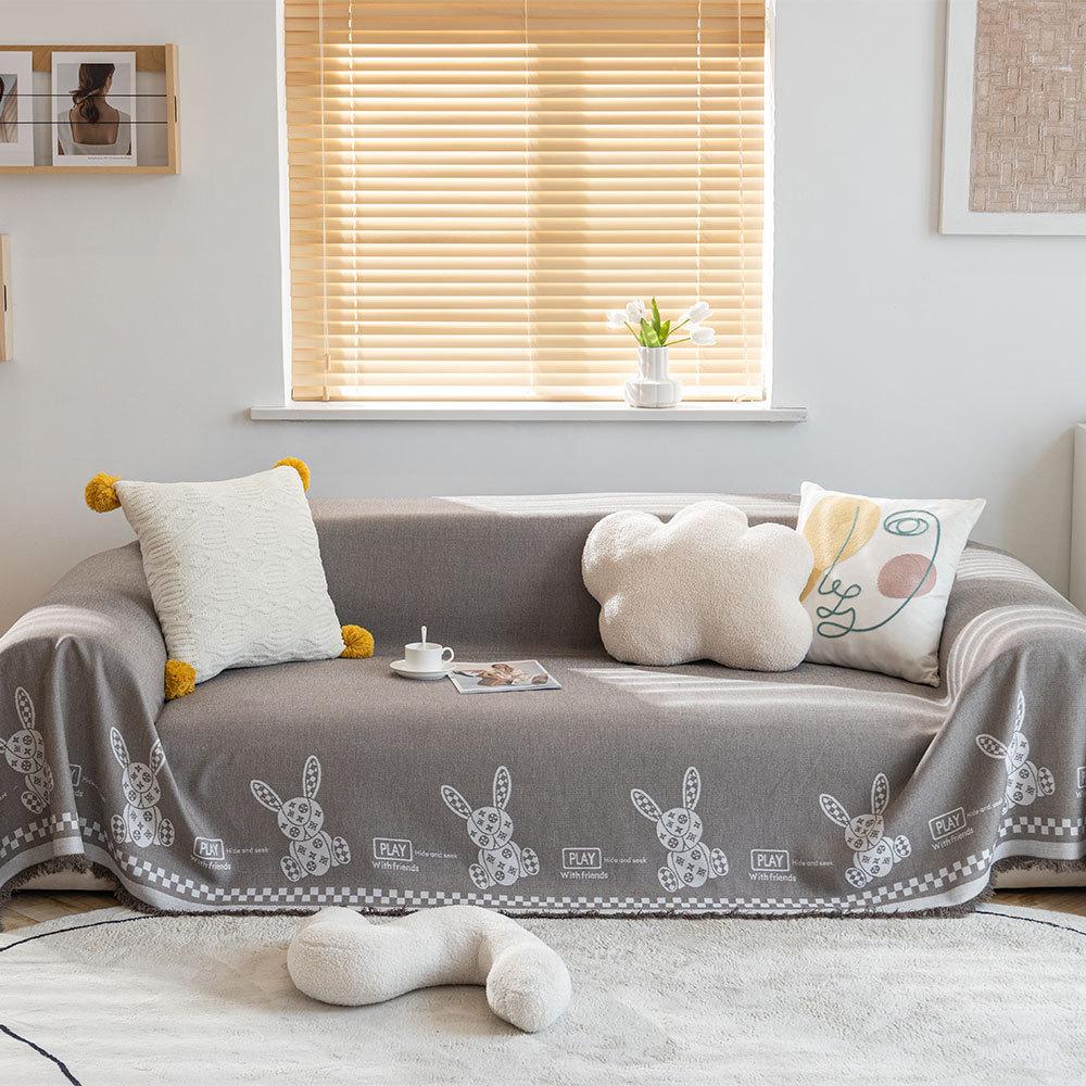 Cotton Thread Sofa Towel Cover Cloth Four Seasons Universal Anti-Scratching Non-Stick Wool Cartoon Jade Hare Simple Universal Thickened Non-Slip
