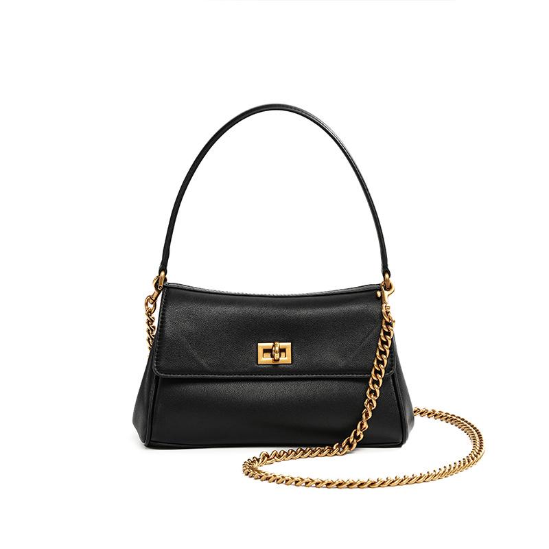 

High-quality cowhide niche design shoulder baguette bag, high-end leather chain underarm bag