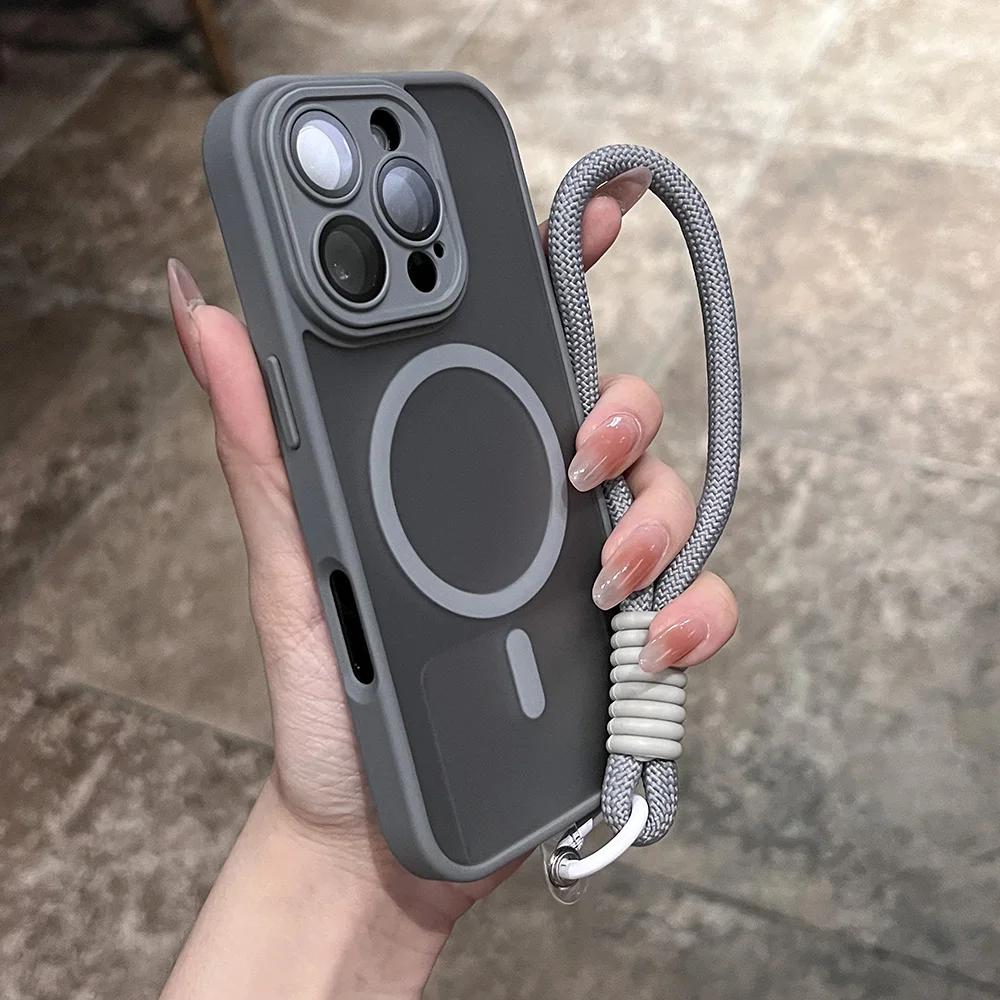 Clear Matte Magnetic Case For For Iphone 16 14 13 Mini 1 12 11 17Pro Max Plus Lanyard Wrist Strap Shockproof Bumper Cover