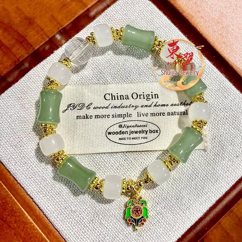 Scenic Green Bamboo Joint Hand Chain with Ash Porcelain Glaze and Gold Foil