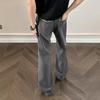 Mens Gray Black Embroidered Flare Dress Pants Old Money Style Relaxed Fit Casual Trousers