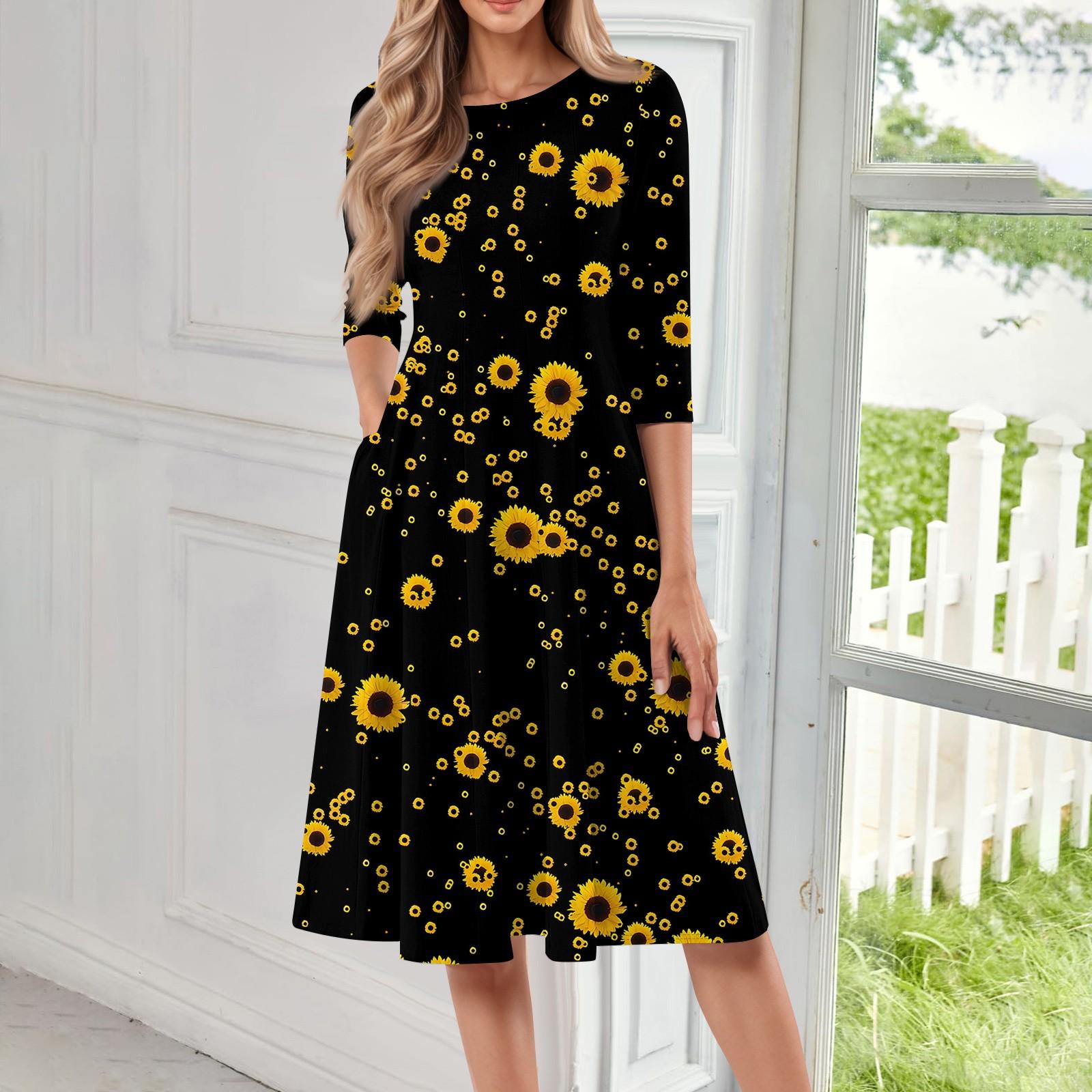 

Жіноча повсякденна модна сукня міді з круглим вирізом і рукавом три чверті XL жовтий