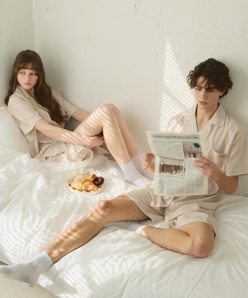 [Pink Zone] (Unisex) Gray Short Sleeve Collar Pajamas Set [Shipped from Korea] 100% Authentic