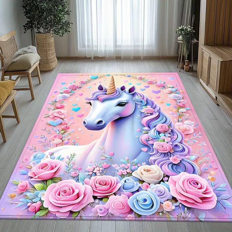 Magical Unicorn Pink Cloud Fantasy Carpet Soft Play Mat for Girls Room Nursery Bedroom Floor Mat Home Decor Rug Gifts