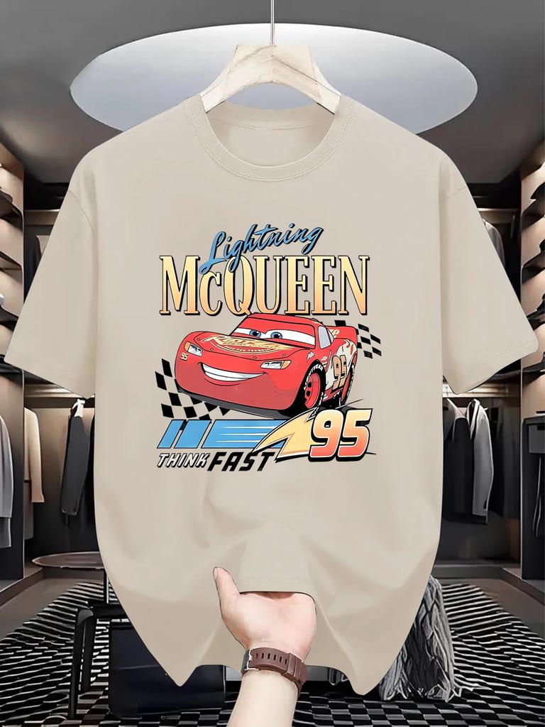 Disney Bil Blixten McQueen Herr T-shirt, Ren Bomull Kortärmad Ledig och Bekväm Streetwear T-shirt