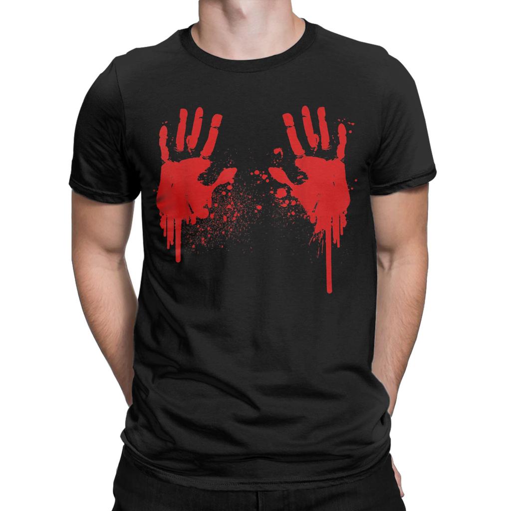 Bloody Hands Handprints Blood Splatter T-Shirts Men Round Collar 100% Cotton T Shirts Funny Halloween Tee Shirt 4XL 5XL Tops