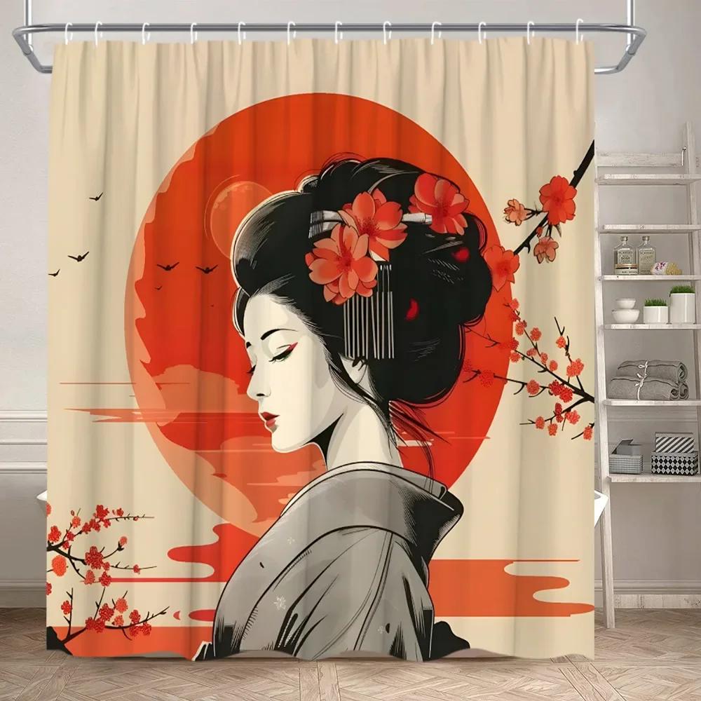 Azjatka Zasłona Prysznicowa Japońskie Kimono Kwiat Wiśni Krajobraz Malarstwo Tuszem Sztuka Poliester Tkanina Dekoracja Łazienki Zestaw Zasłon