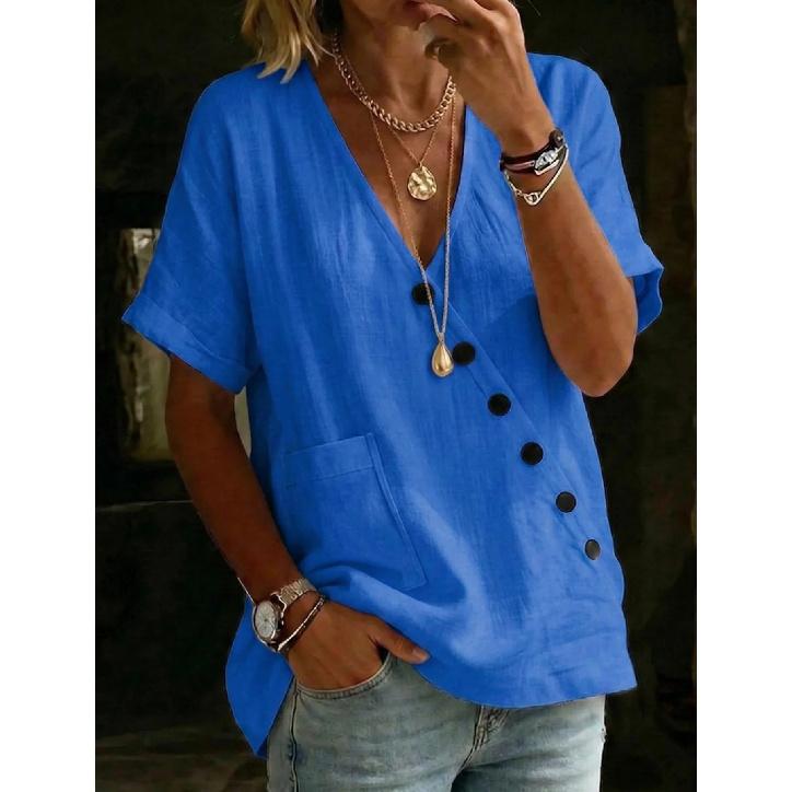 2026 Women's Shirt Top V-neck Solid Color Casual Comfortable Buttoned Cotton Linen Shirt