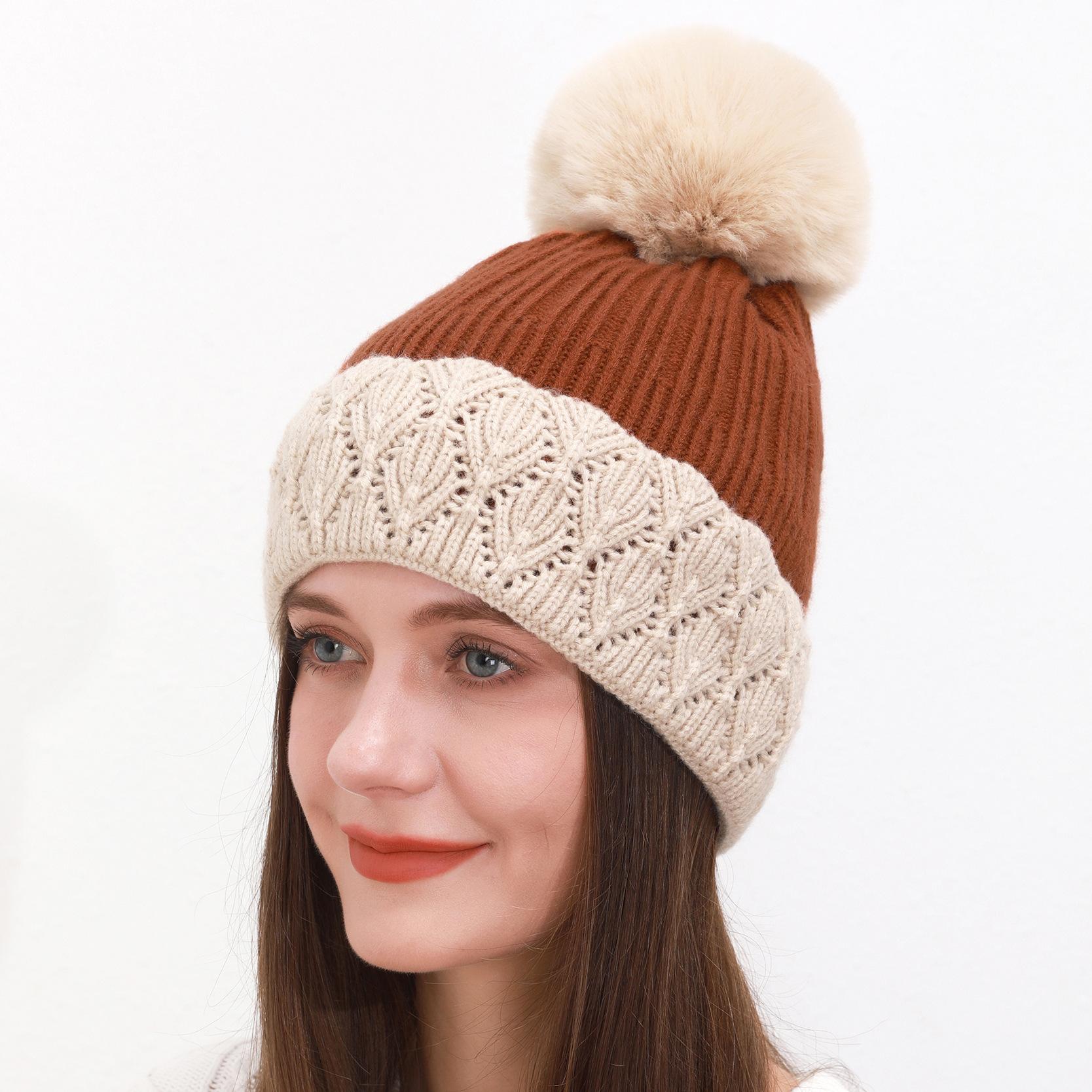 

A New Style of Warm Knitted Hat for Women in Winter with Added Fleece and Thickening A Pilling and Color Blocking Lace Woolen Hat One Size