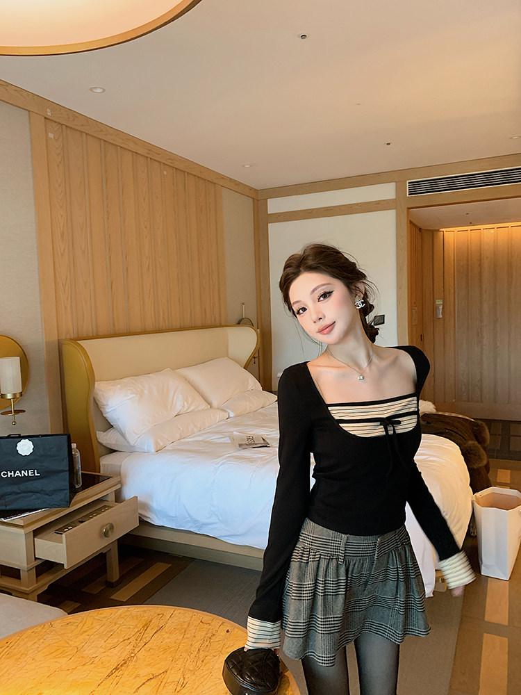 Quadratischer Ausschnitt gestreiftes T-Shirt im koreanischen Stil: Baumwolle Modal 260g, Schlankmachend, Figurschmeichelnd, Süß & Würziges Mädchen Top