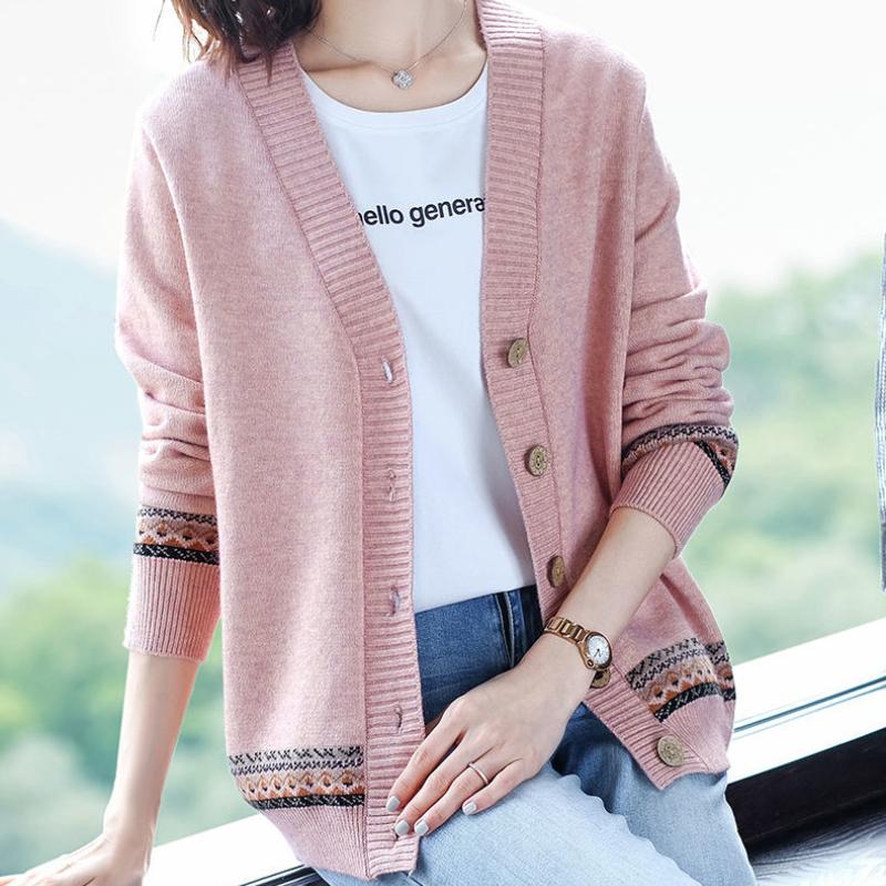 Women's Knitted Sweater Spring and Autumn Models V-neck Colour Blocking Long-sleeved Ethnic Wind Cardigan Jacket Jumper Ladies Tops