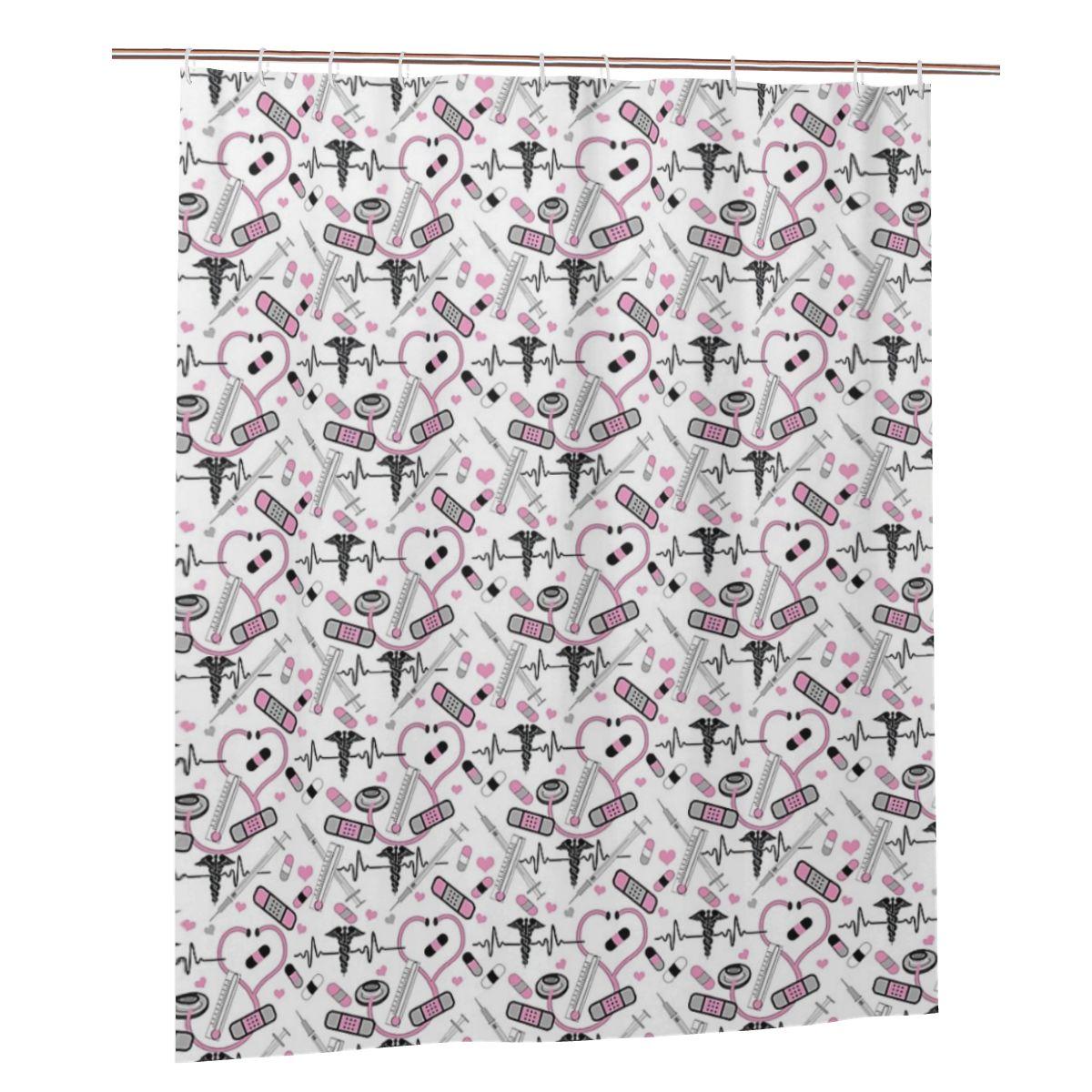 

Cute Stethoscope Nurse Doctor Ekg Pattern Shower Curtain Bathroom Polyester Waterproof Bath Curtains With Hooks W60H190(CM)-1 Pcs