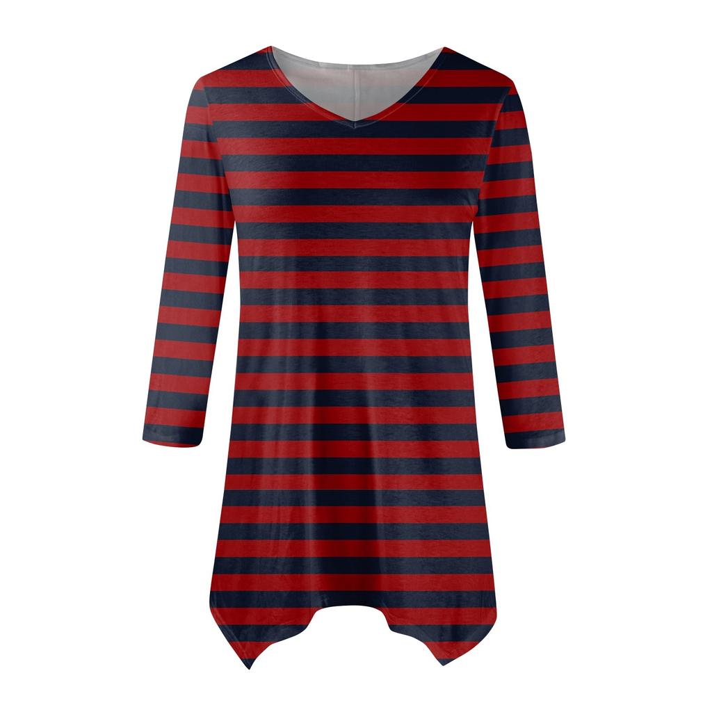 Women's Fashion Casual V-neck Striped Printed Seven-point Sleeve Shirt Belted Loose Comfortable Top