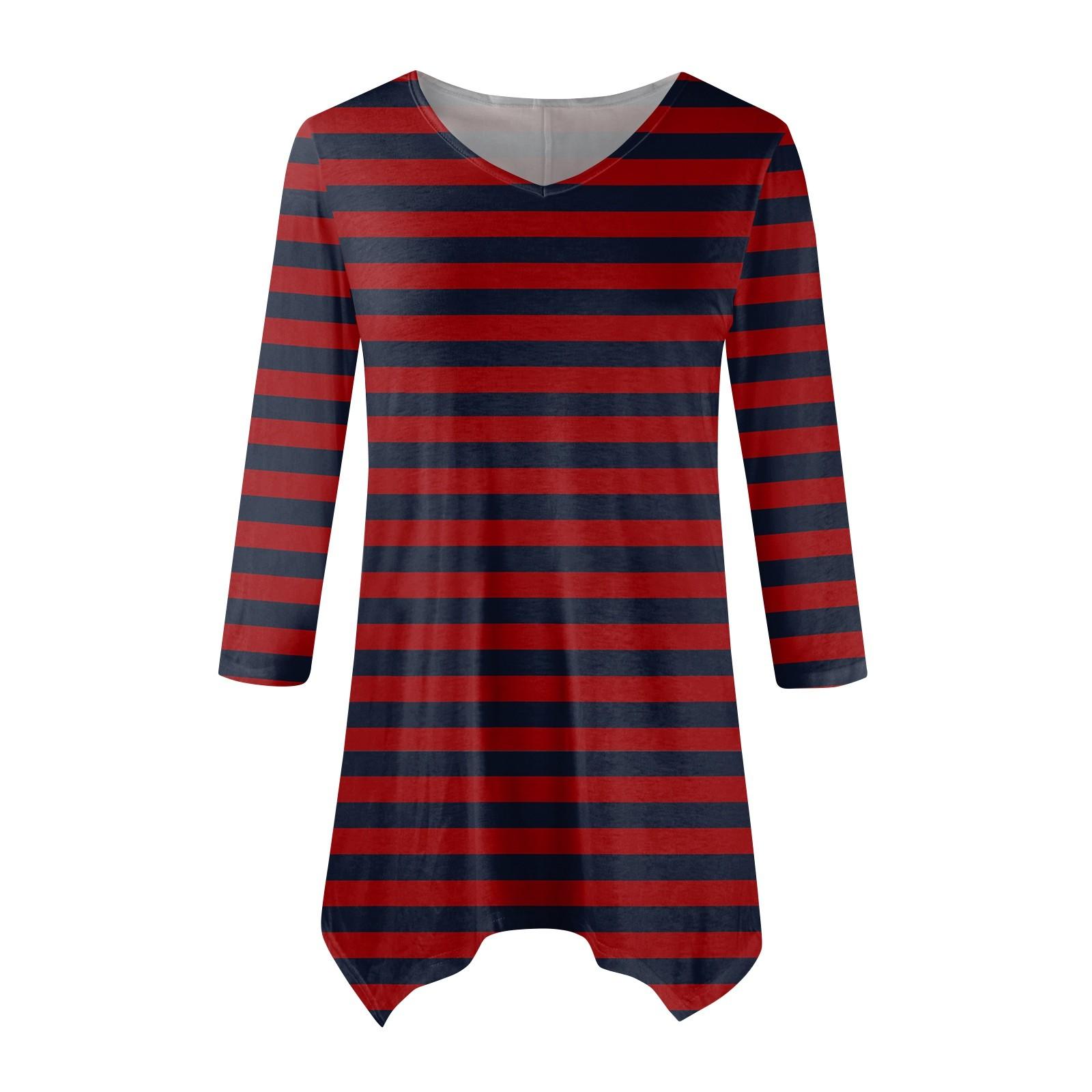 

Женская модная повседневная рубашка с V-образным вырезом, полосатым принтом, рукавом-семью, свободным удобным топом с поясом XL винный