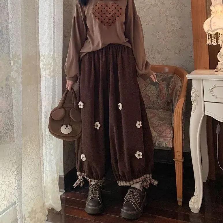 

Sweet Flower Corduroy Wide Leg Casual Pants Women Vintage Cute Loose Trousers Girls Harajuku Sweatpants XL коричневый