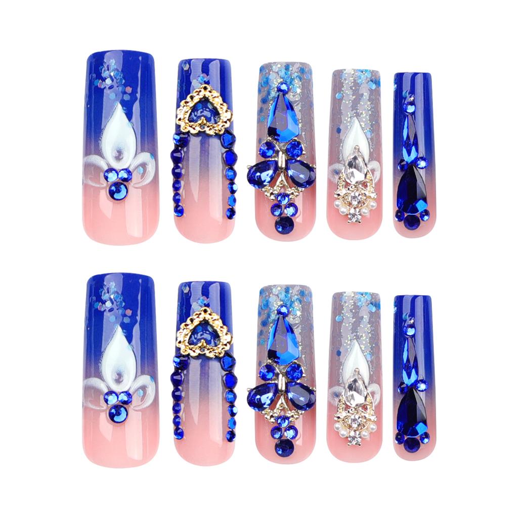 Sparkling Diamond Exploding Dark Blue Pipe Type False Nails