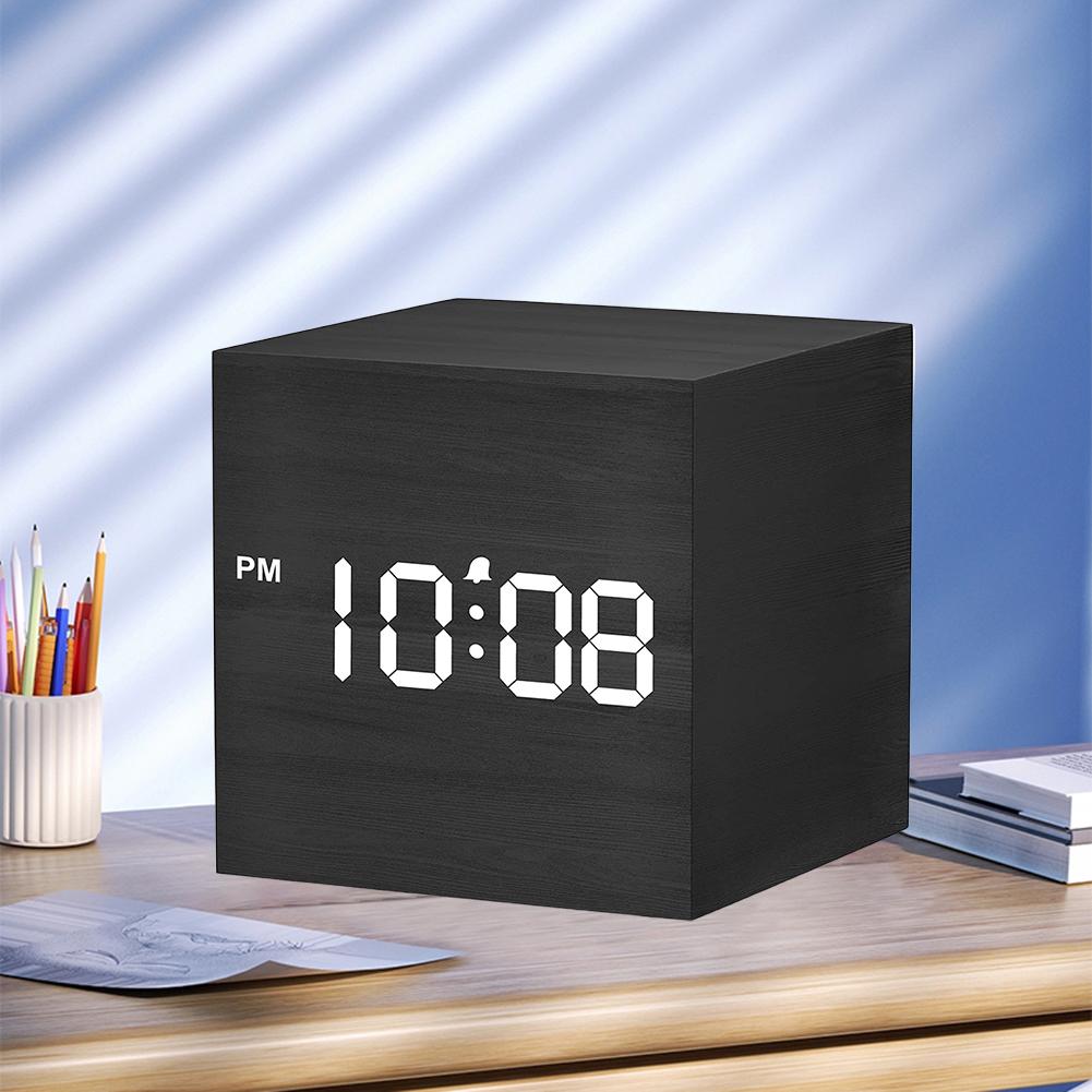 Wooden Digital Alarm Clock Voice Control Electronic Desktop Clock USB/Battery Powered LED Clock Art Ornament for Home Decoration