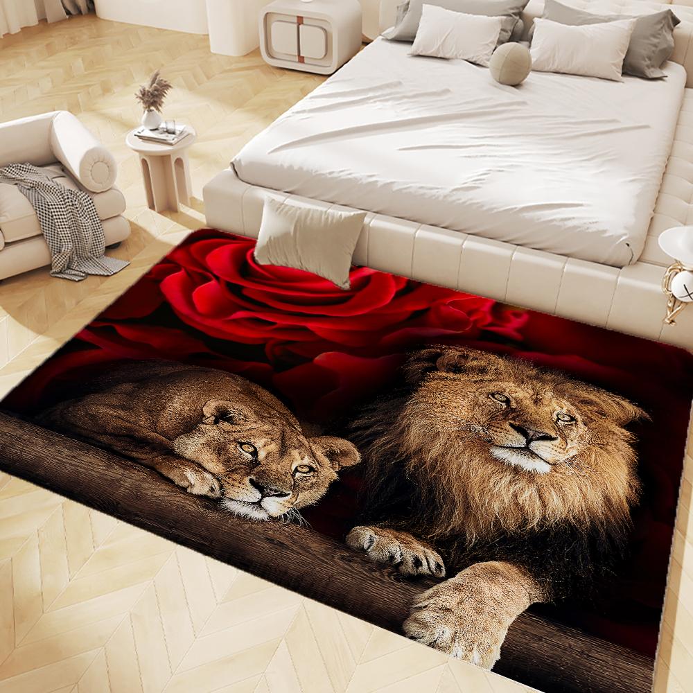 3D Lion with Rose Floral Print Area Rug Machine Washable Flannel Carpets Non-slip Floor Mat for Bedroom Living Room Home Decor