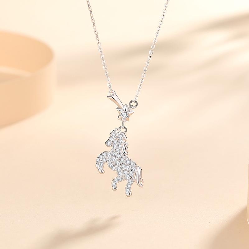 Tichia S925 Sterling Silver Star Wish Zodiac Horse Necklace for Women - Elegant Luxury Collarbone Chain. S925 Silver белого золота
