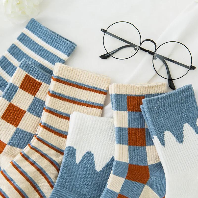 5 Pairs/Pack Kawaii Women Socks Harajuku Trend Women Checkered Stripe Bule Socks Girl Cotton Socks