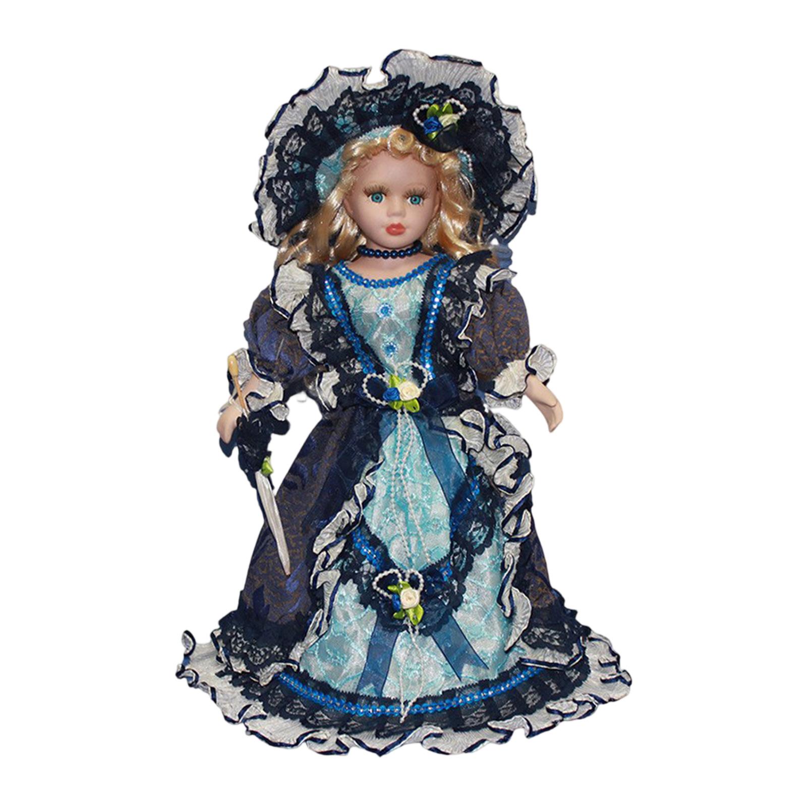 Porcelain Doll with Detailed Victorian Style Dress and Lace Trim Handmade Ceramic Figurine Collectible Display Ornament One Size синий