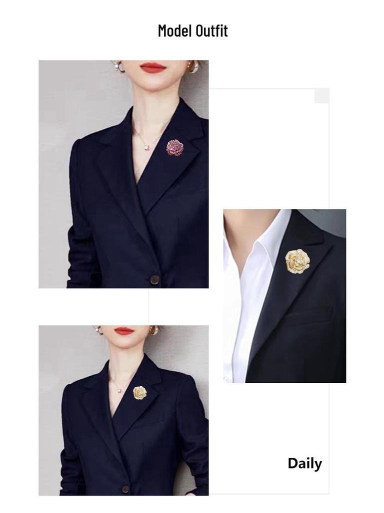Camellia Brooch: Zircon-Inlaid Luxury Lapel Pin for Women