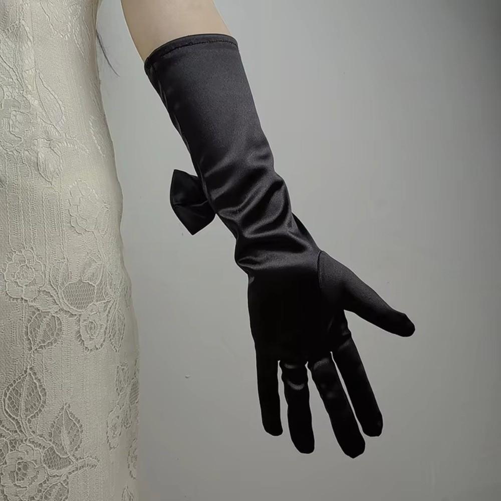 Bowknot Satin Bride Gloves Lace Trim Dance Performance Gloves Wedding Dress Accessories