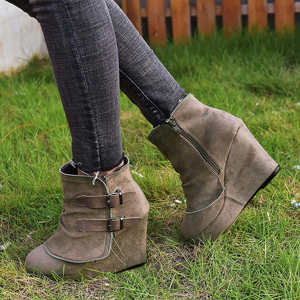 Women'S Wedge Heeled Thick Soled Tower Short Boots Fashionable Casual Suede Round Toed Outdoor Fashion Women'S Boots With Heels
