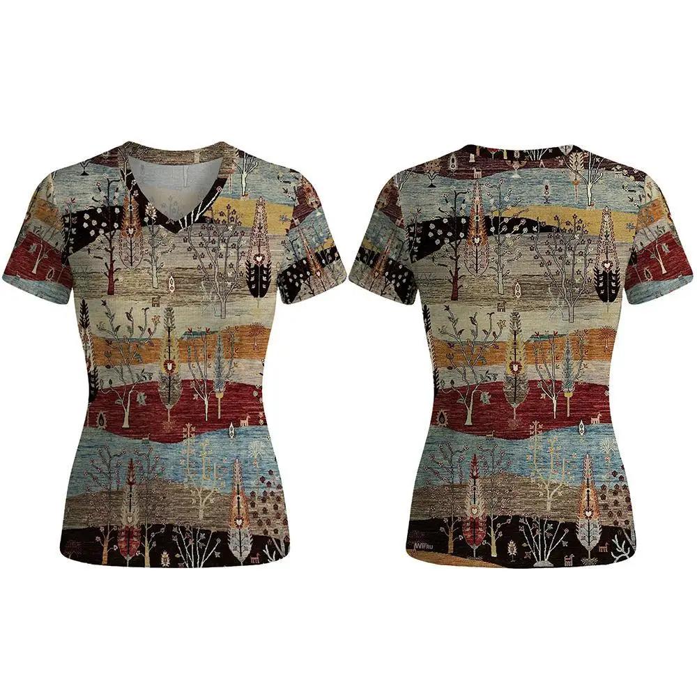 Bohemian-style Print Women's T-shirt Retro Ethnic Pattern V-neck Short Sleeve Tops Cozy Breathable Summer Vacation Casual Tee